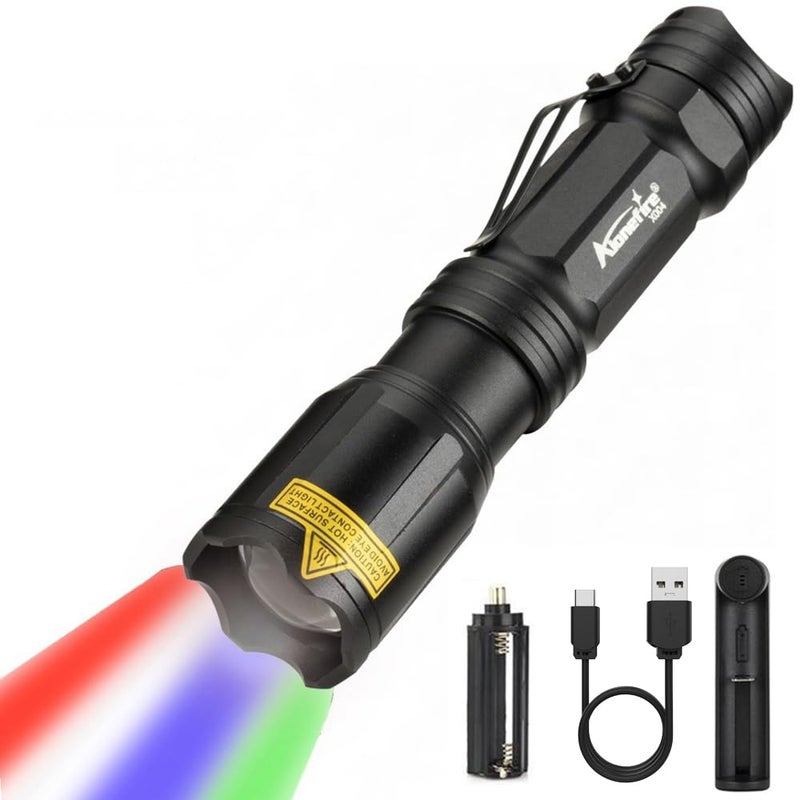 ALONEFIRE X004 Multicolor Flashlight Red Light Green Light USB Rechargeable Blue Light Flashlight RGB Color Changing Waterproof with Battery, Charger for Night Observation Astronomy Aviation Tracking - Image 1